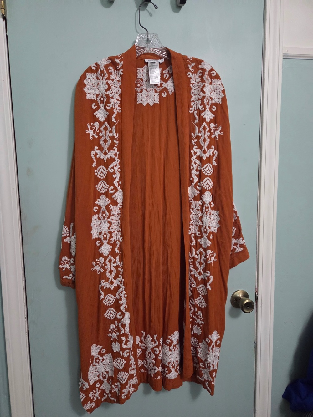 Chico's Burnt Orange Open-Front Embroidered Kimono